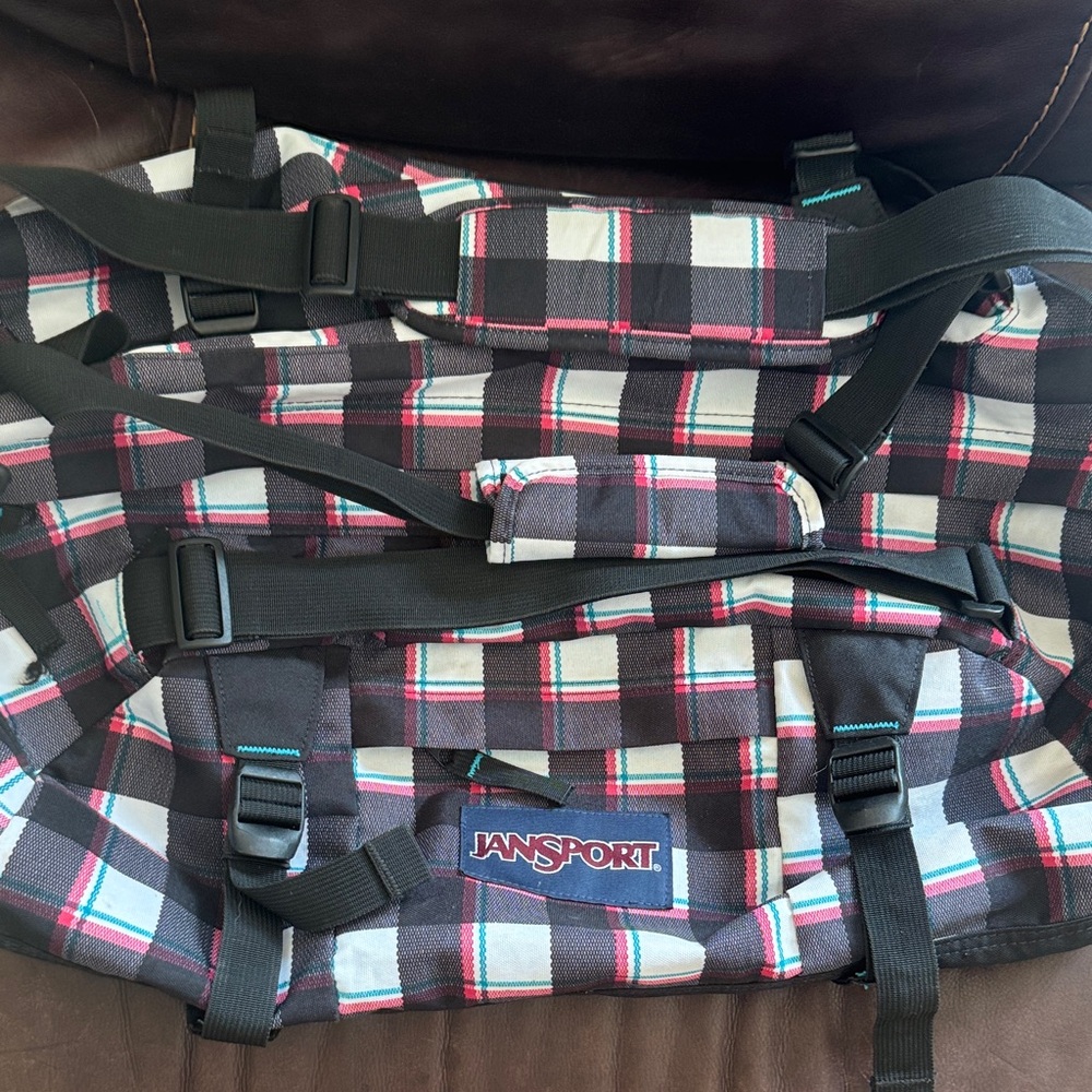 Jansport Checkered Duffle Gym Bag - Black, White, Pink and Teal